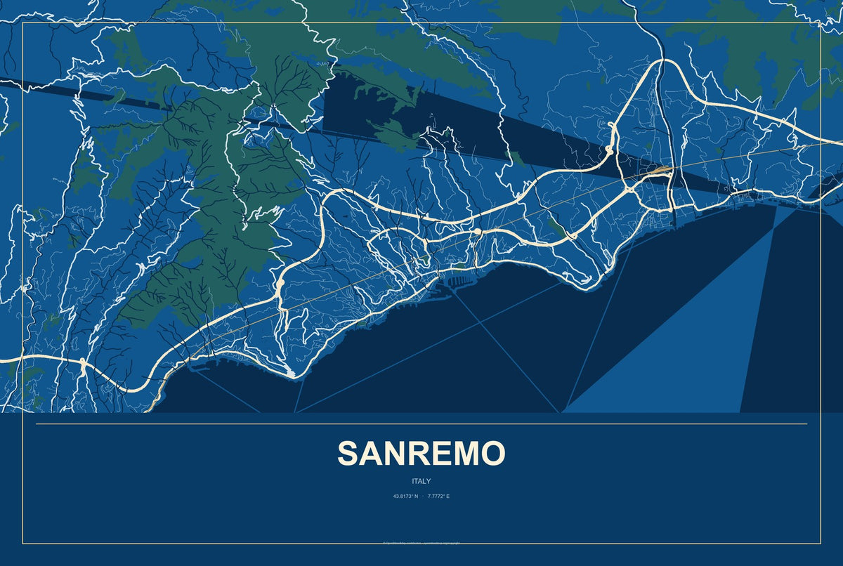 Sanremo, Italy City Map Aluminum Sign in Harbor Cobalt style