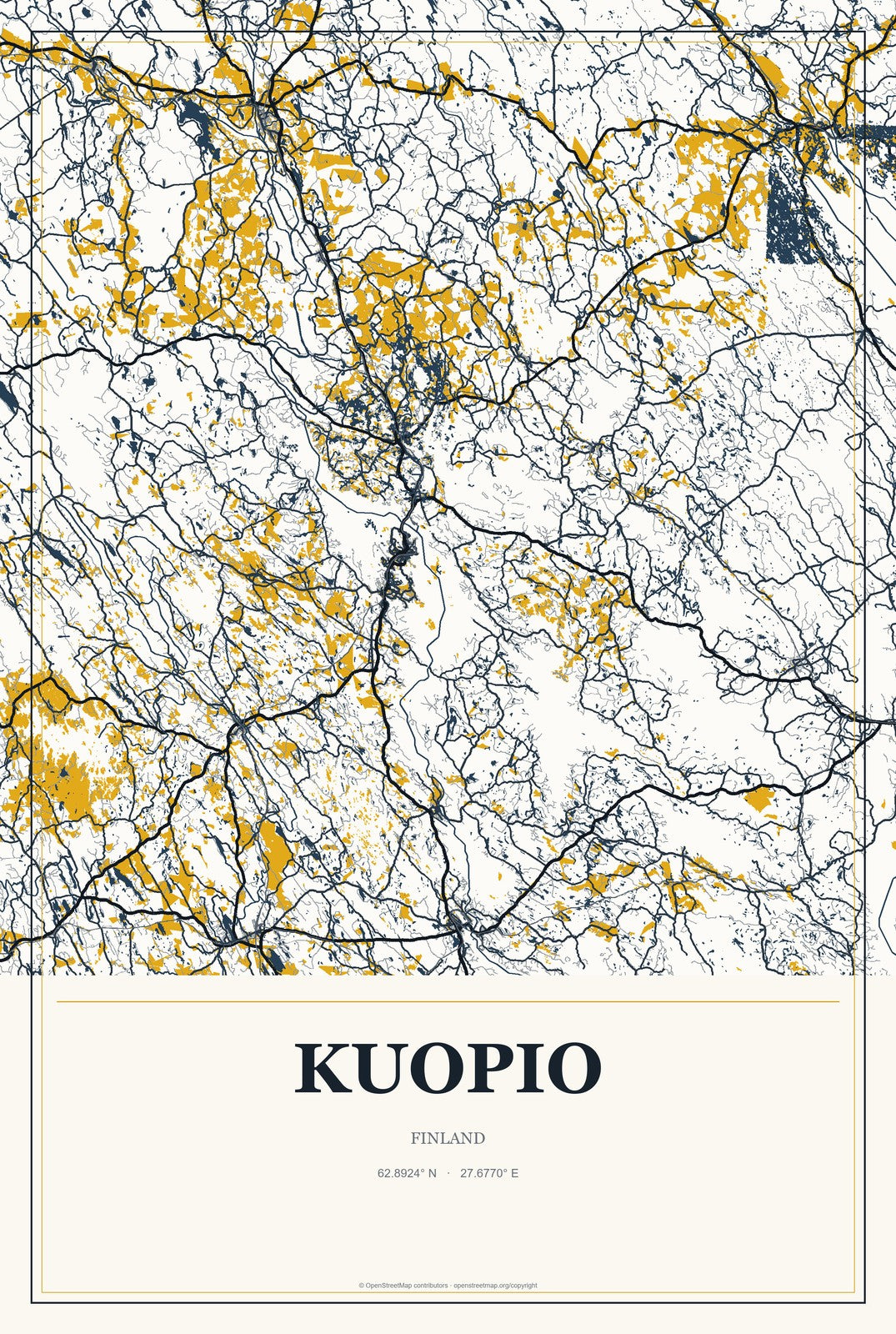 Kuopio, Finland City Map Aluminum Sign in Citrine Modern style