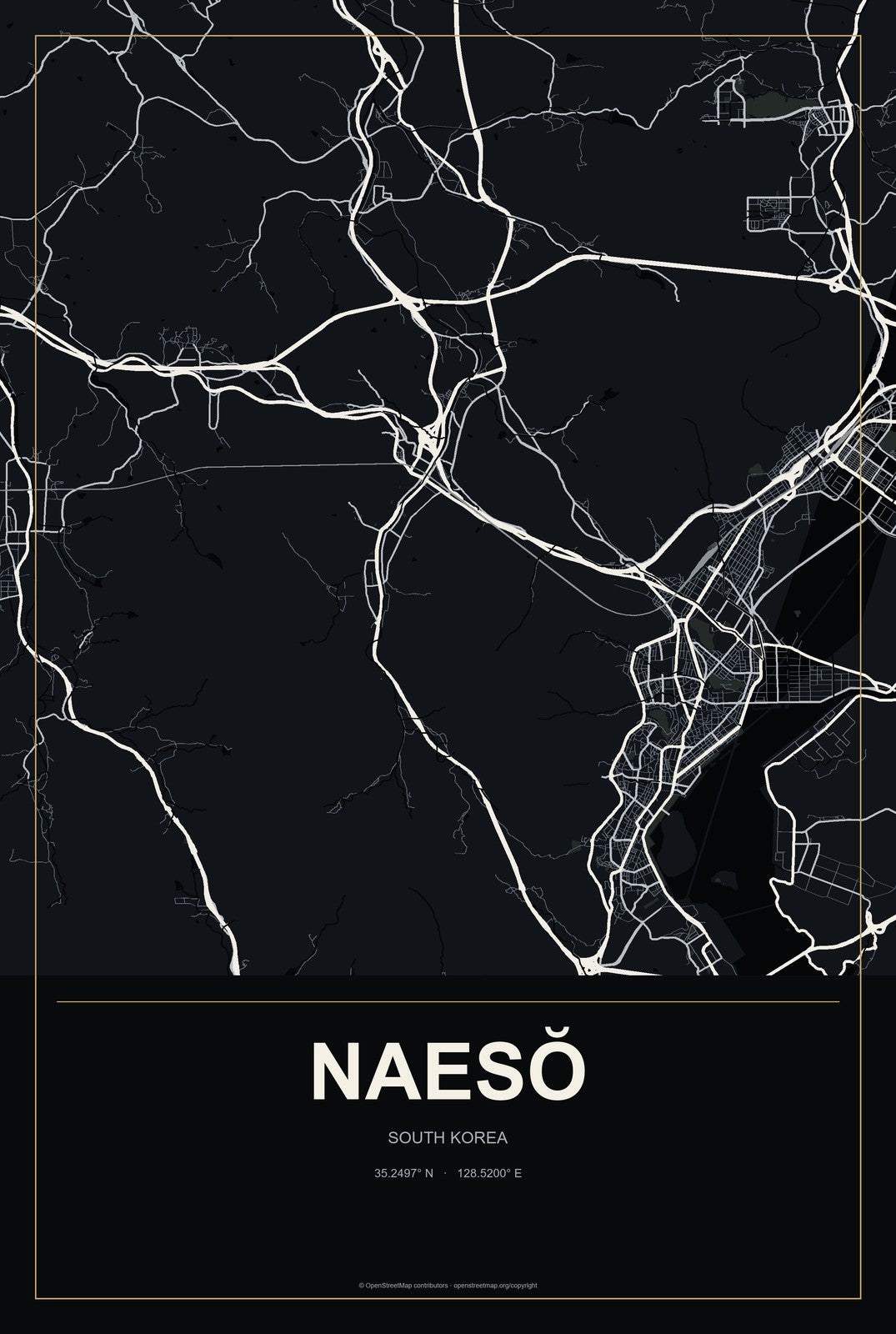 Naesŏ, South Korea City Map Aluminum Sign in Metropolitan Noir style