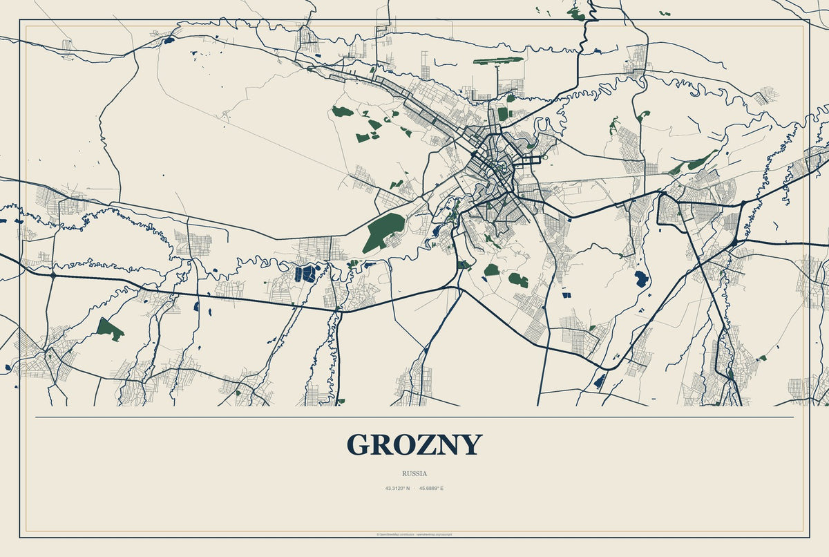 Grozny, Russia City Map Aluminum Sign in Coastal Cutout style