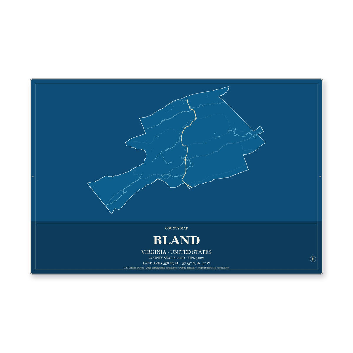 Bland County, Virginia Map Aluminum Sign in Harbor Cobalt style