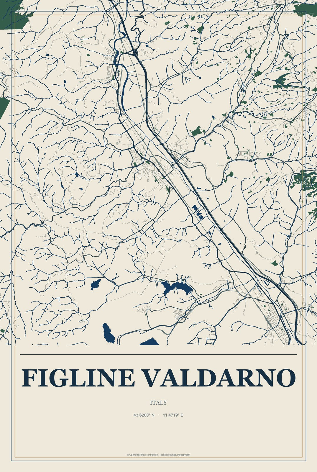 Figline Valdarno, Italy City Map Aluminum Sign in Coastal Cutout style