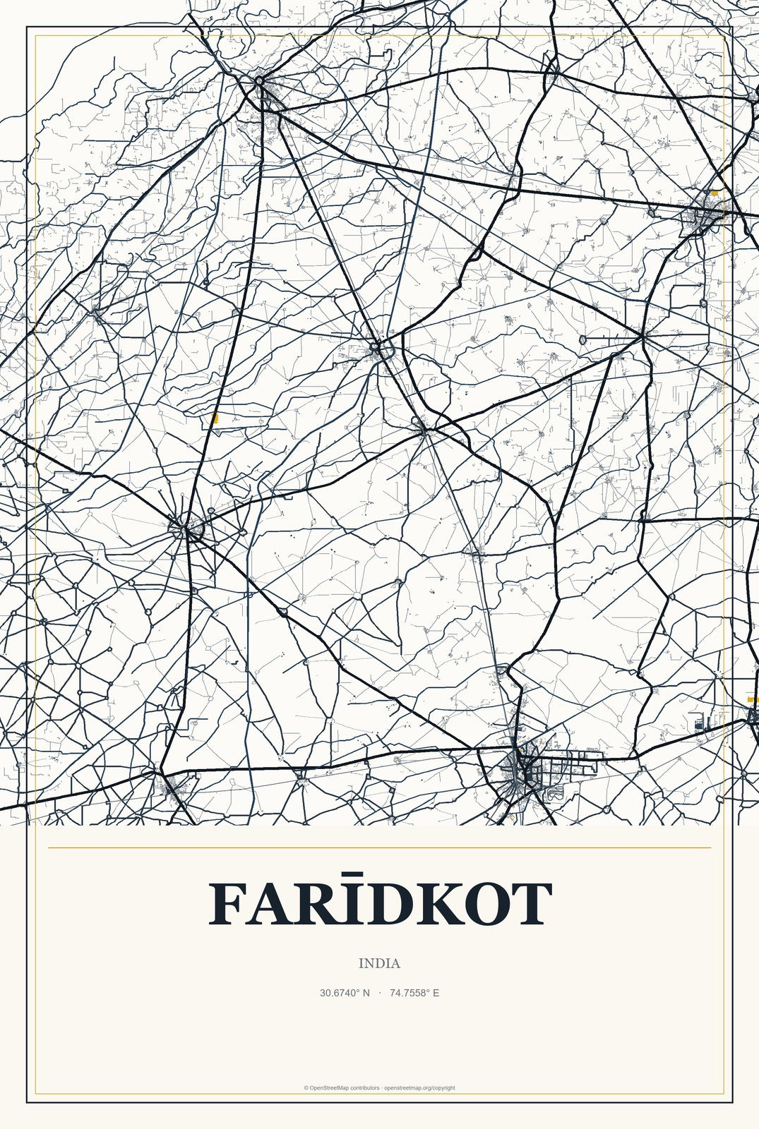 Farīdkot, India City Map Aluminum Sign in Citrine Modern style