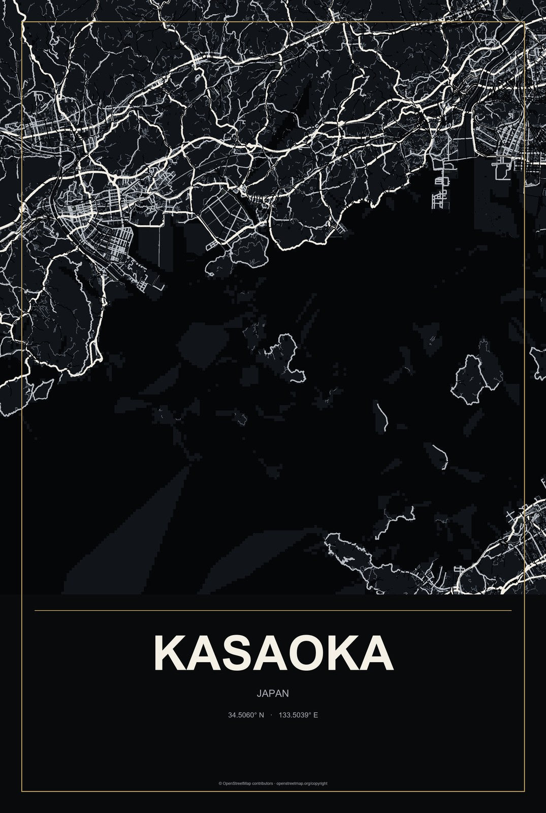 Kasaoka, Japan City Map Aluminum Sign in Metropolitan Noir style