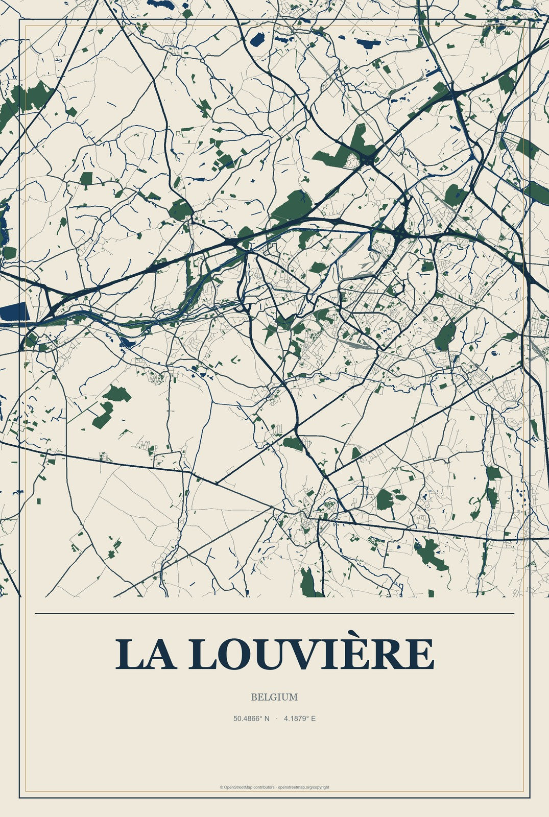 La Louvière, Belgium City Map Aluminum Sign in Coastal Cutout style