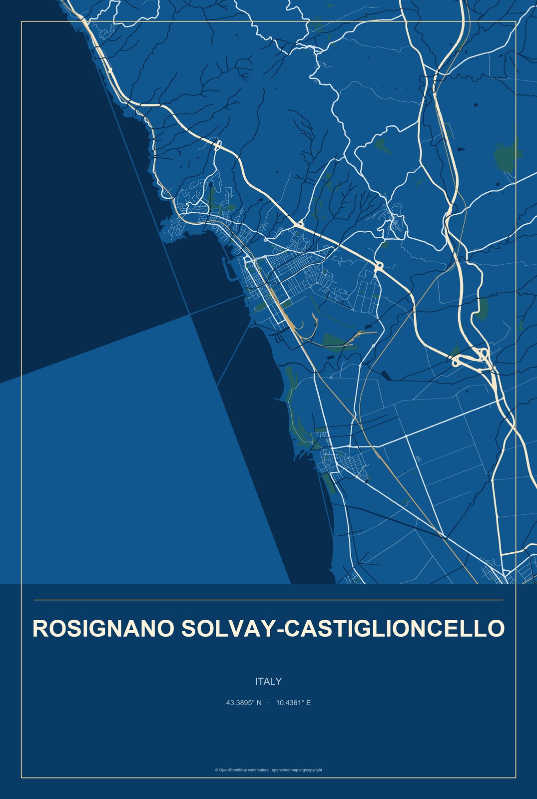 Rosignano Solvay-Castiglioncello, Italy City Map Aluminum Sign in Harbor Cobalt style