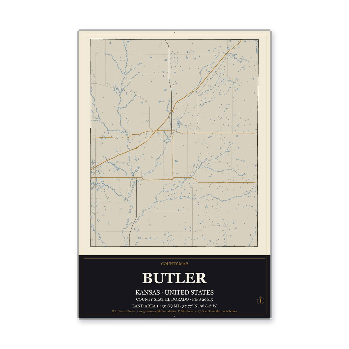 Butler County, Kansas Map Aluminum Sign in Museum Plaque style