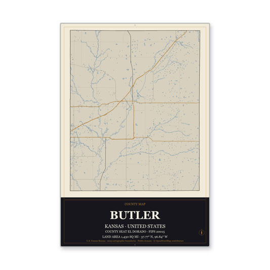 Butler County, Kansas Map Aluminum Sign in Museum Plaque style