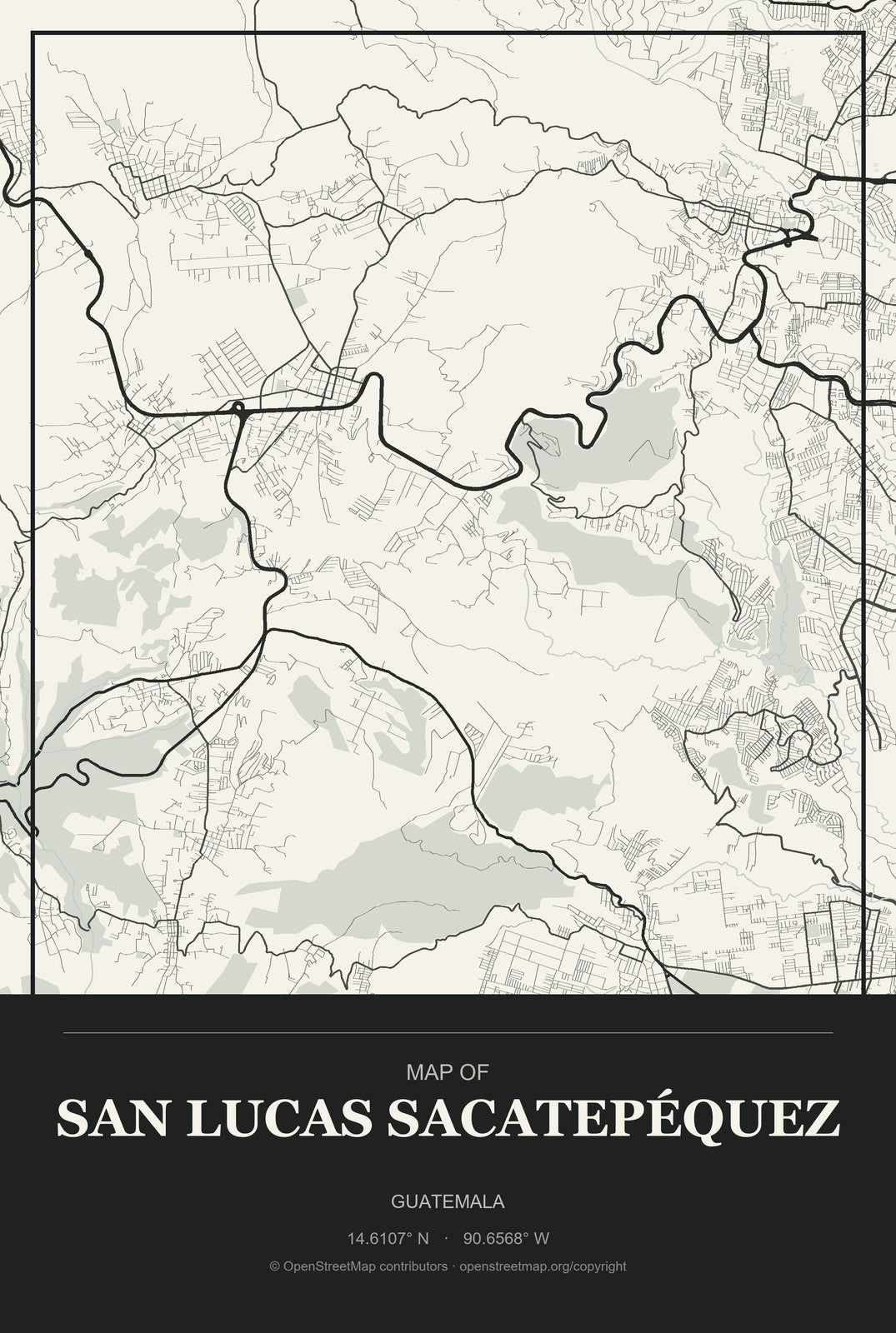 San Lucas Sacatepéquez, Guatemala City Map Aluminum Sign in Museum Plaque style