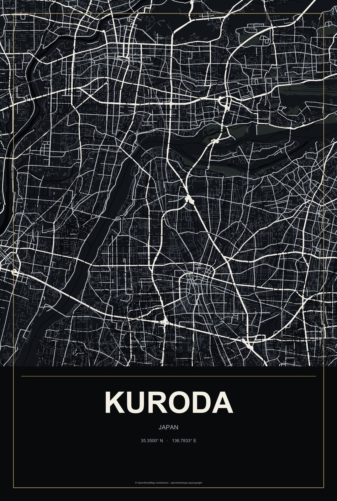 Kuroda, Japan City Map Aluminum Sign in Metropolitan Noir style