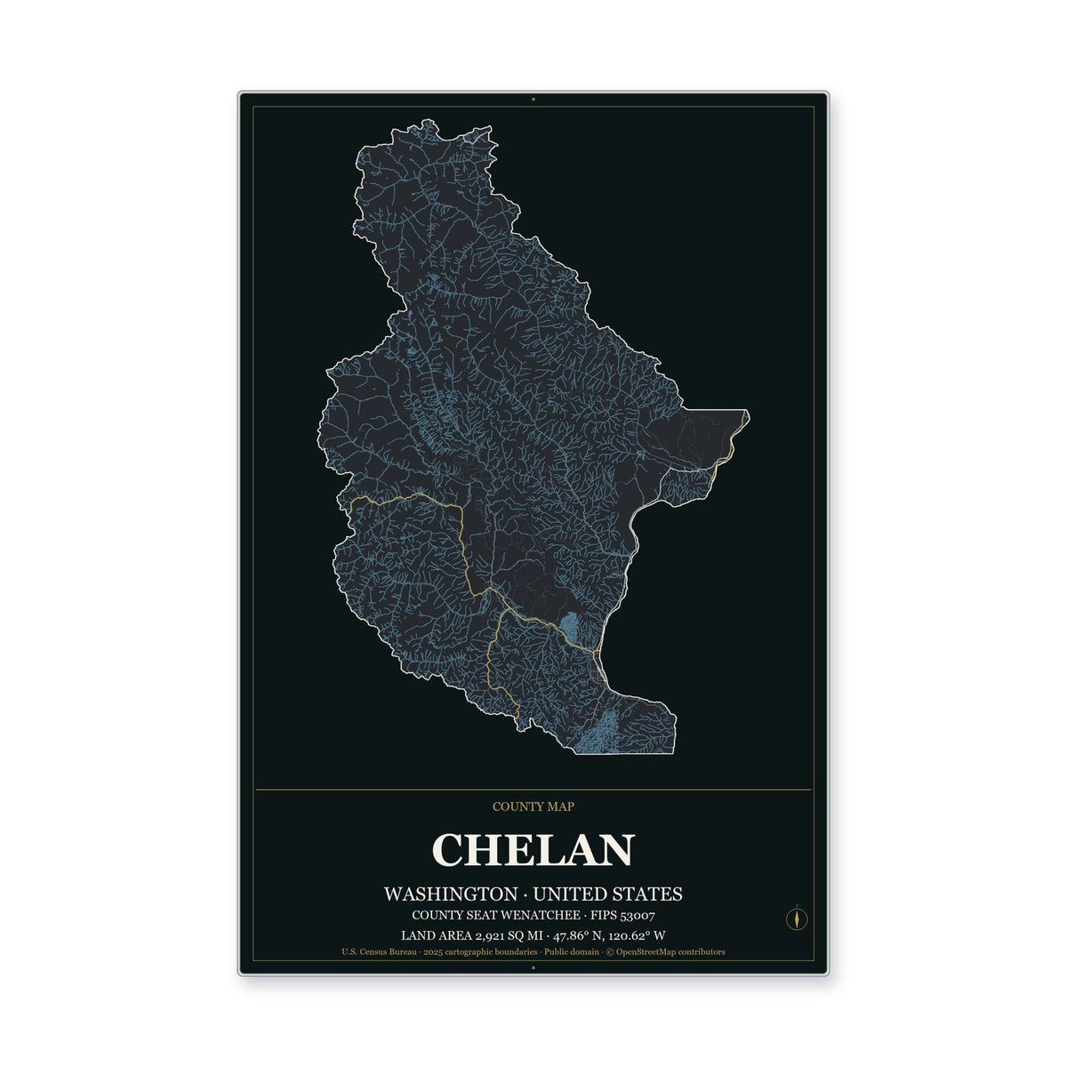 Chelan County, Washington Map Aluminum Sign in Metropolitan Noir style