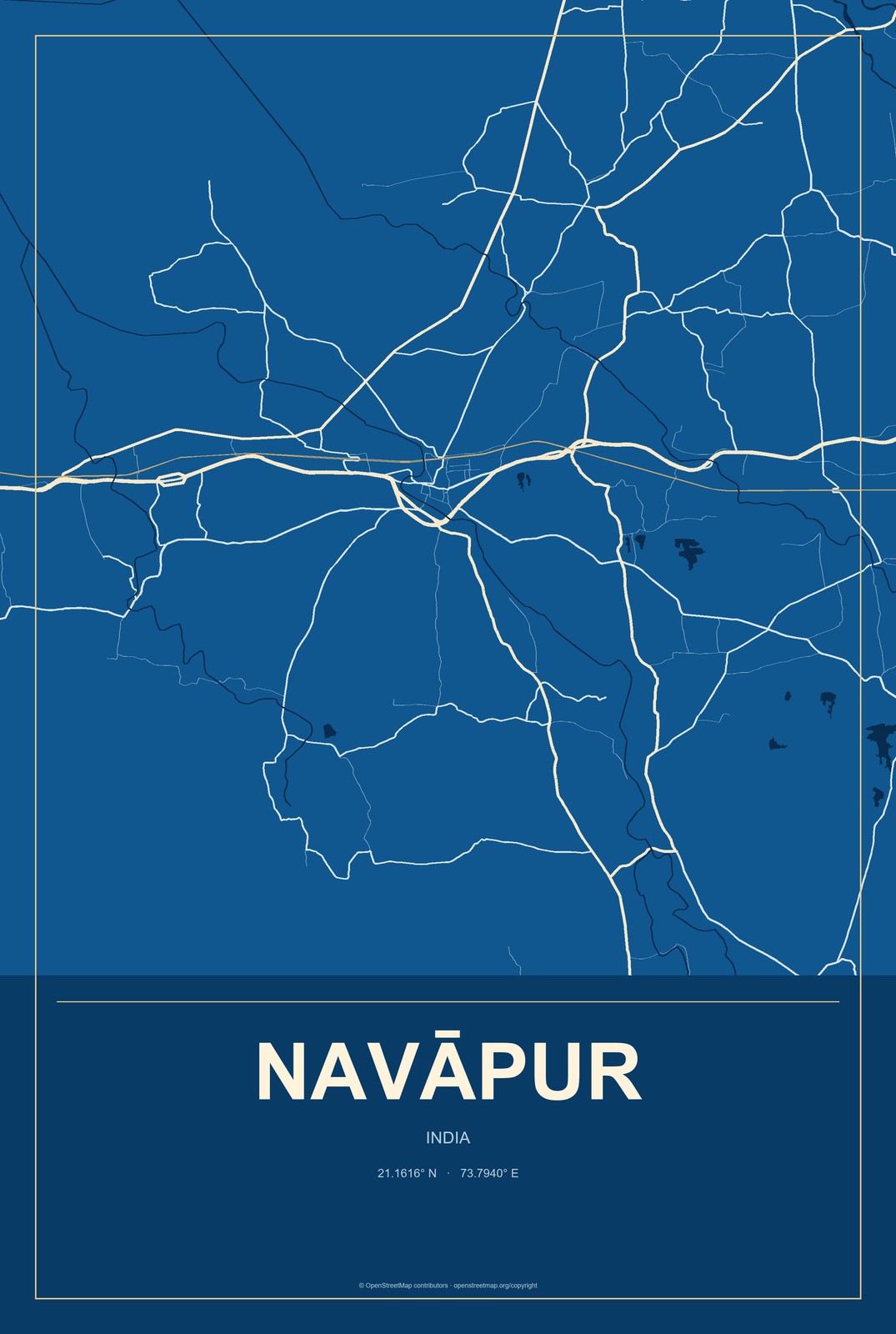 Navāpur, India City Map Aluminum Sign in Harbor Cobalt style
