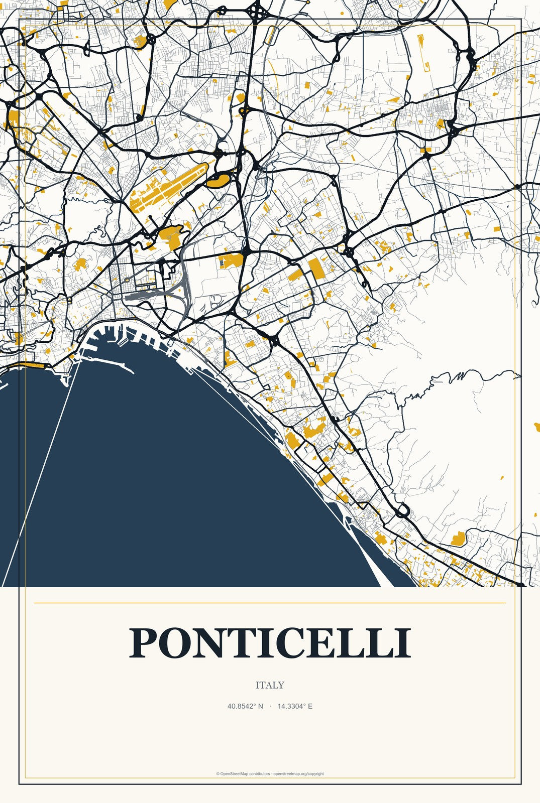 Ponticelli, Italy City Map Aluminum Sign in Citrine Modern style