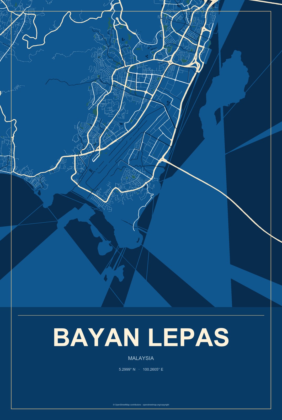 Bayan Lepas, Malaysia City Map Aluminum Sign in Harbor Cobalt style