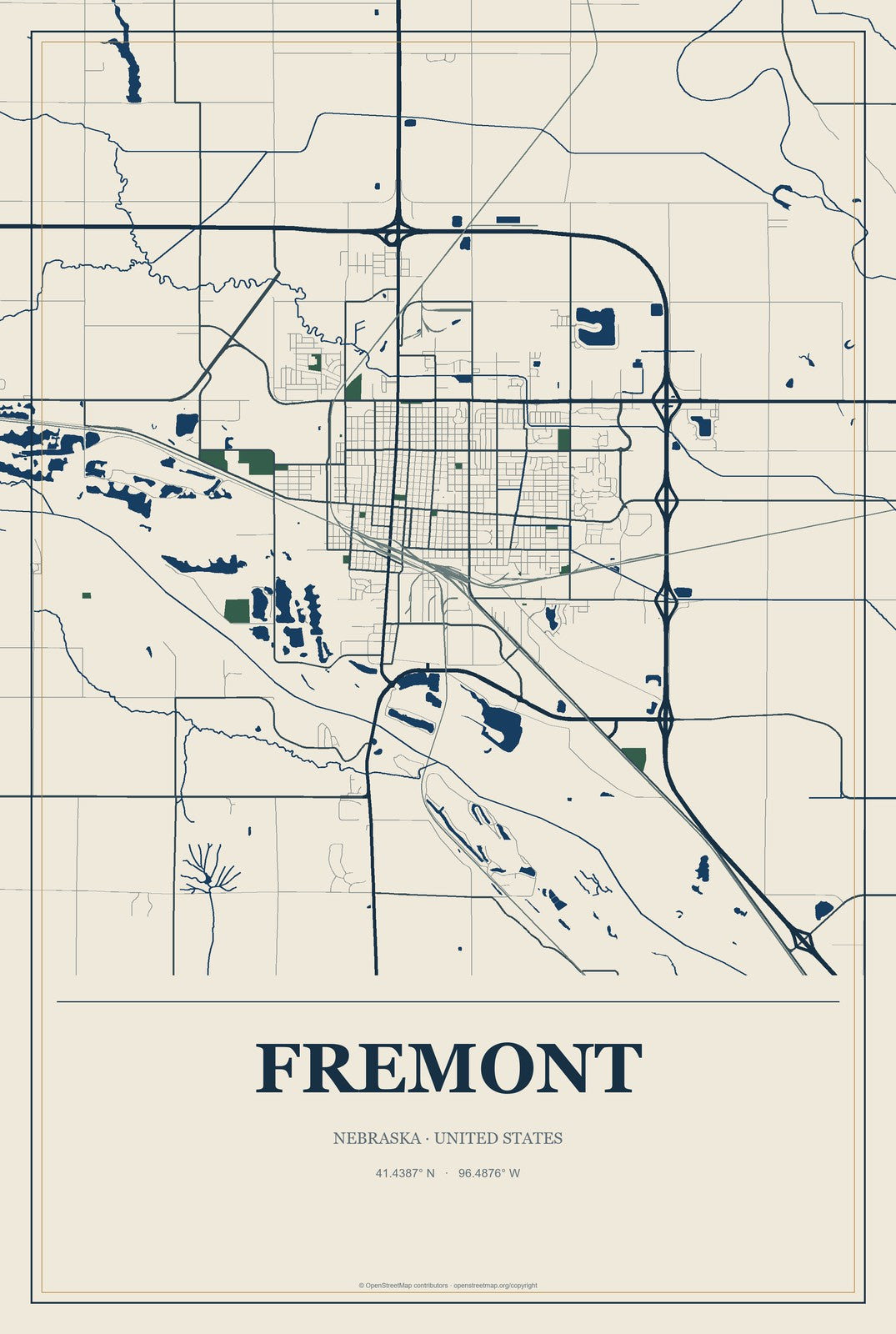 Fremont, Nebraska City Map Aluminum Sign in Coastal Cutout style