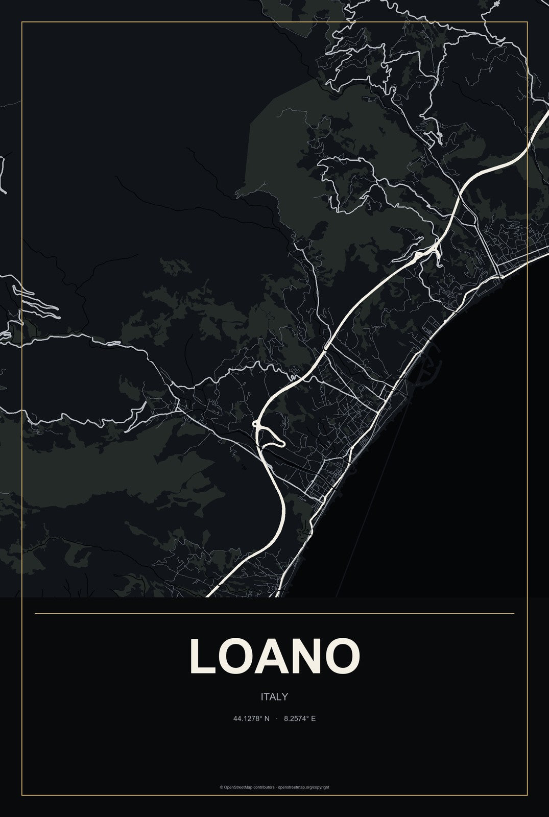 Loano, Italy City Map Aluminum Sign in Metropolitan Noir style