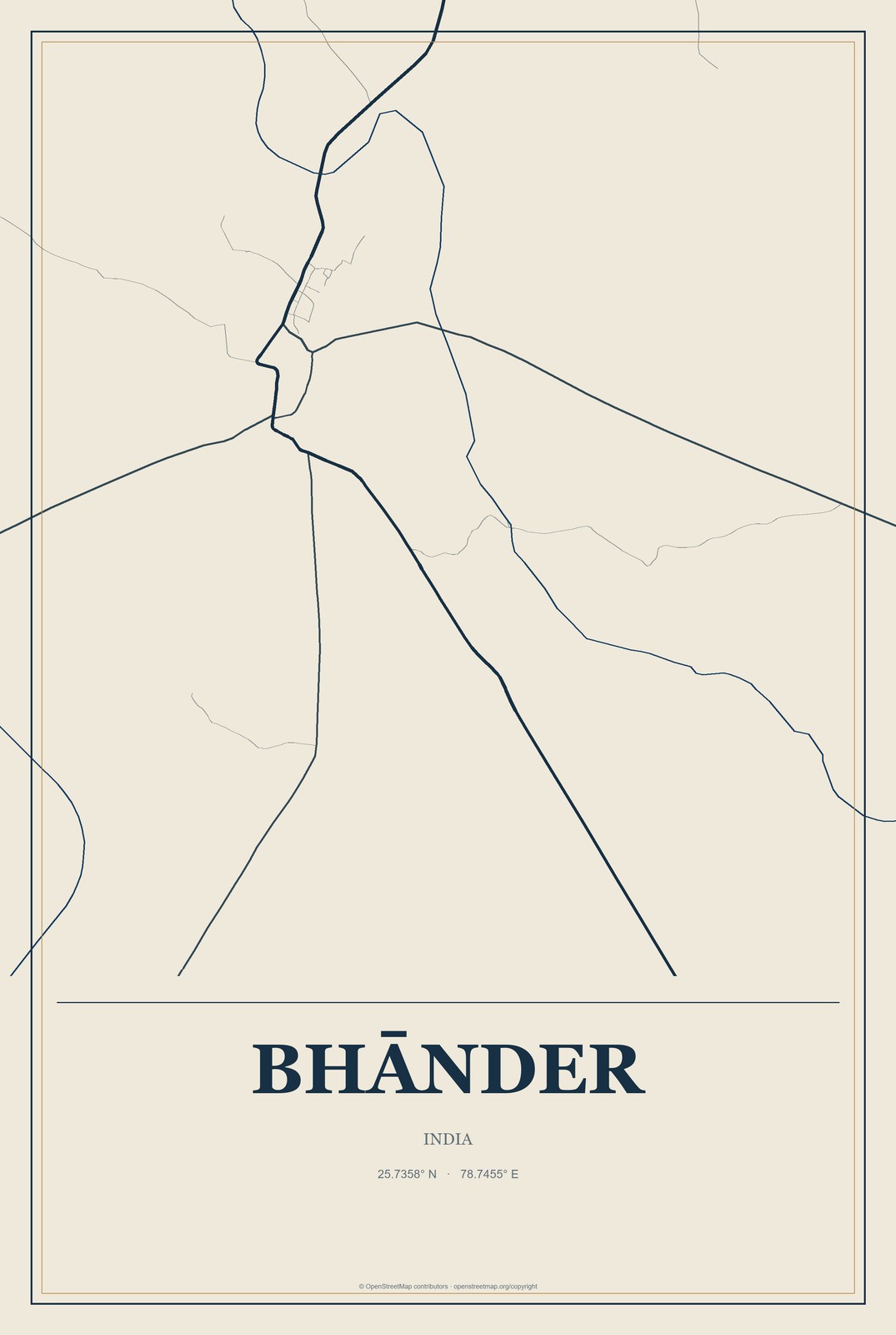 Bhānder, India City Map Aluminum Sign in Coastal Cutout style