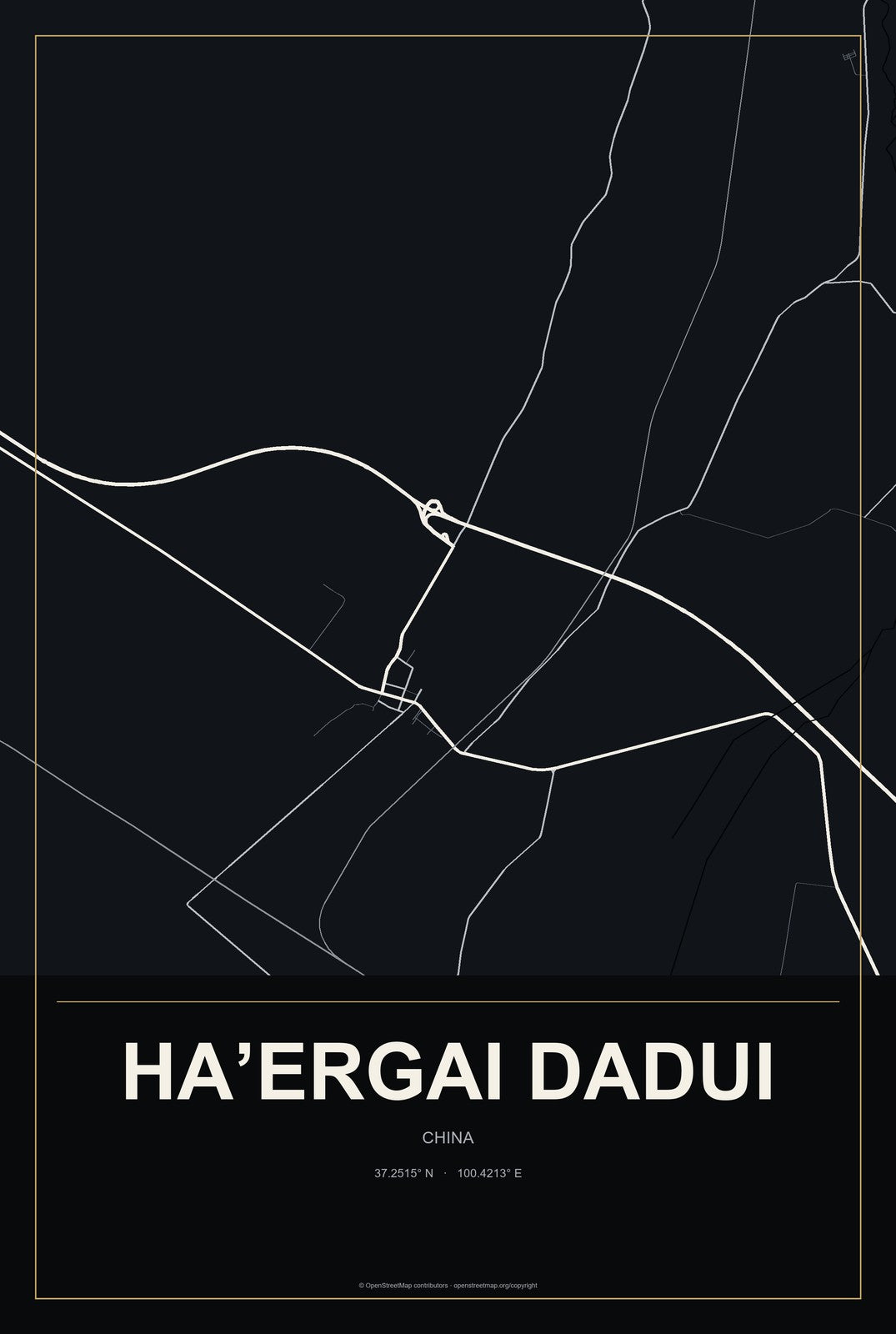 Ha’ergai Dadui, China City Map Aluminum Sign in Metropolitan Noir style