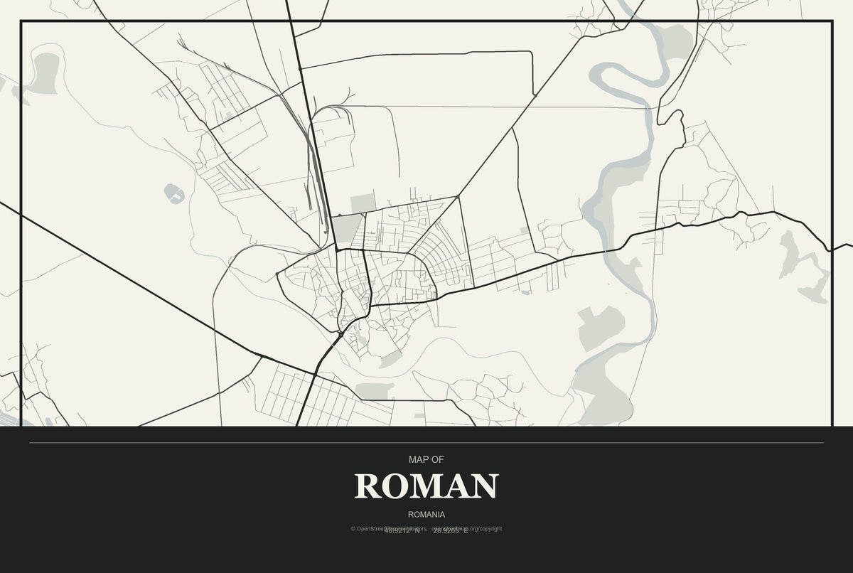 Roman, Romania City Map Aluminum Sign in Museum Plaque style