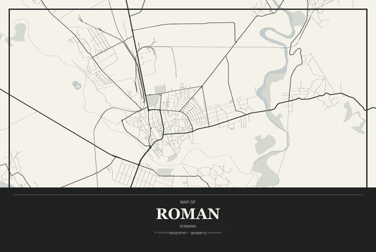Roman, Romania City Map Aluminum Sign in Museum Plaque style