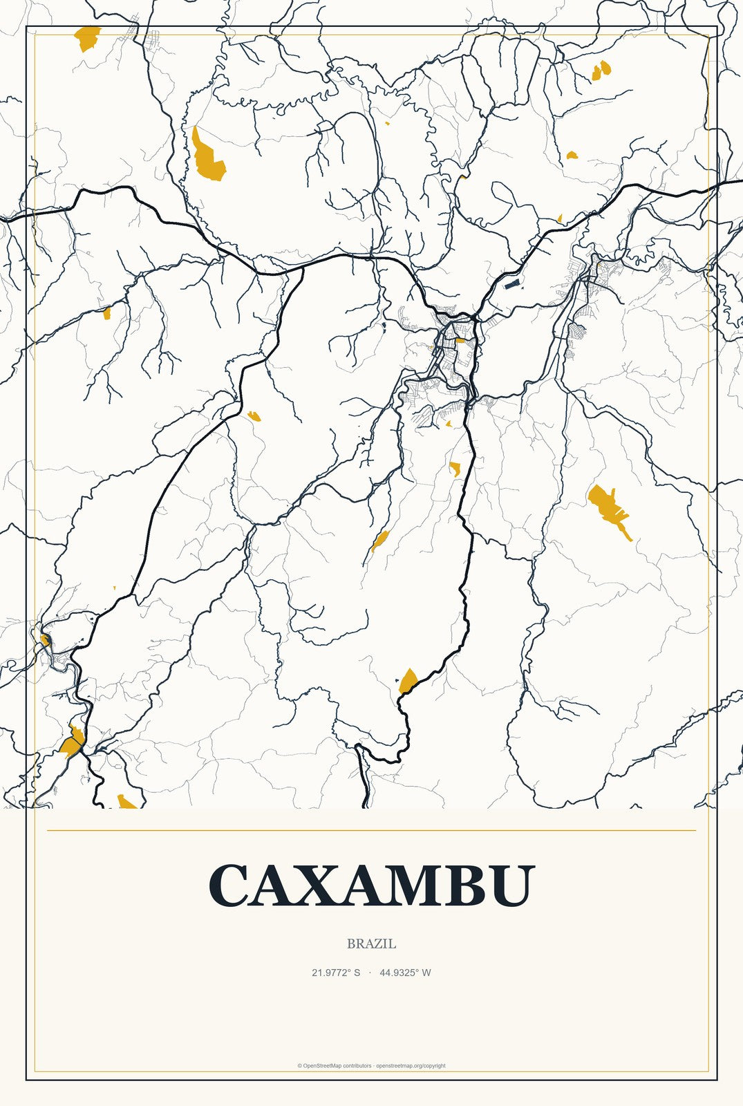 Caxambu, Brazil City Map Aluminum Sign in Citrine Modern style