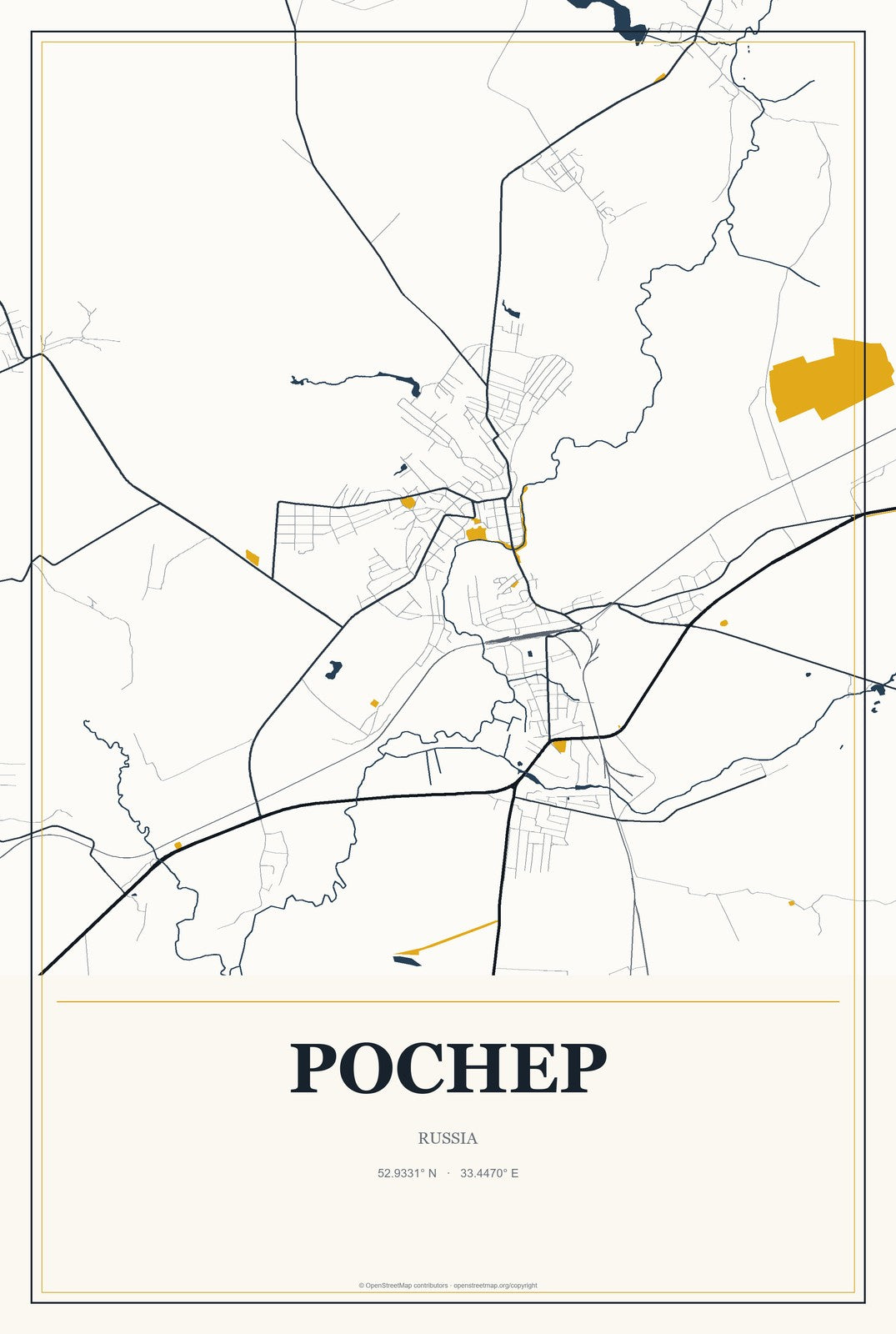 Pochep, Russia City Map Aluminum Sign in Citrine Modern style
