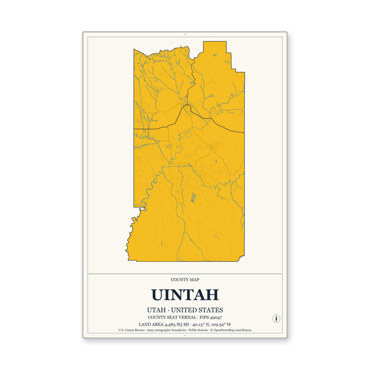 Uintah County, Utah Map Aluminum Sign in Citrine Modern style