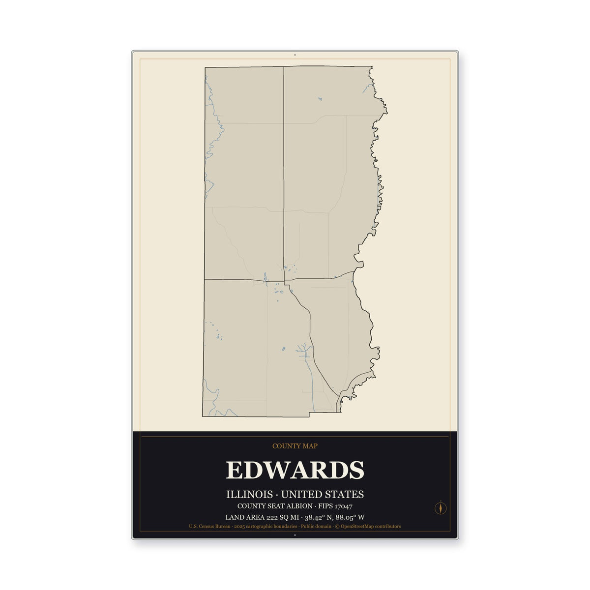 Edwards County, Illinois Map Aluminum Sign in Museum Plaque style