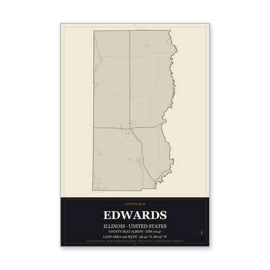 Edwards County, Illinois Map Aluminum Sign in Museum Plaque style