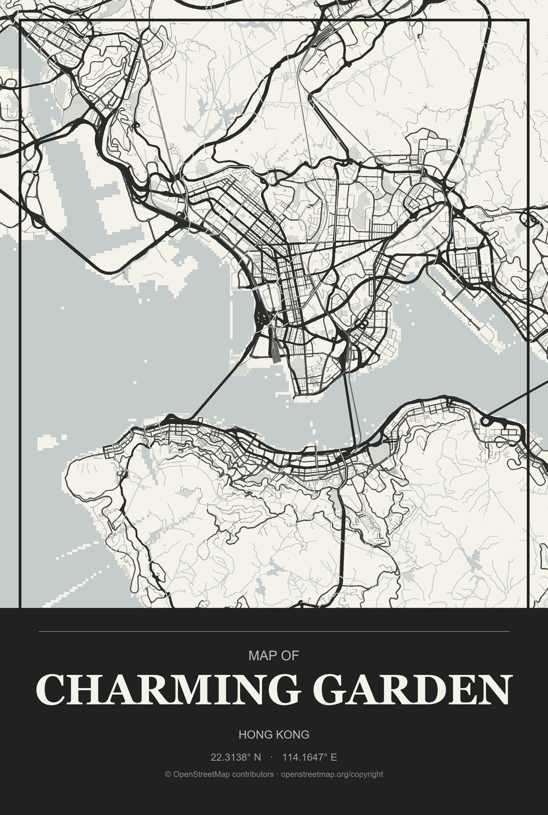 Charming Garden, Hong Kong City Map Aluminum Sign in Museum Plaque style