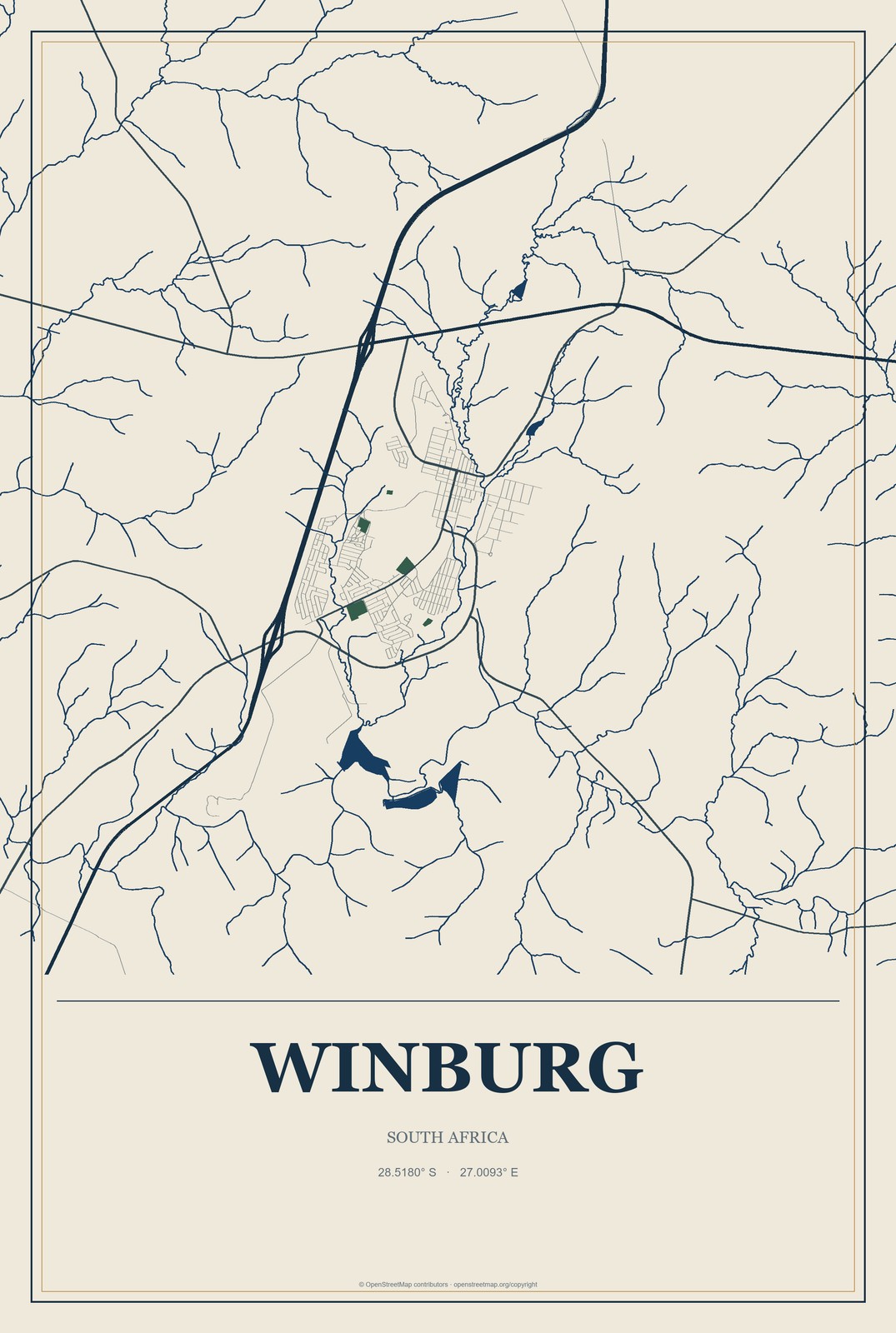 Winburg, South Africa City Map Aluminum Sign in Coastal Cutout style