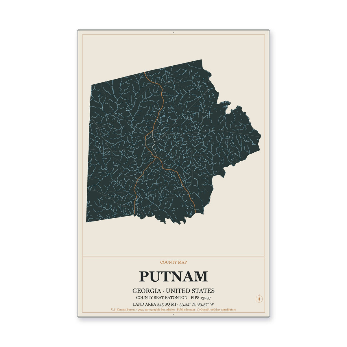 Putnam County, Georgia Map Aluminum Sign in Headline Atlas style
