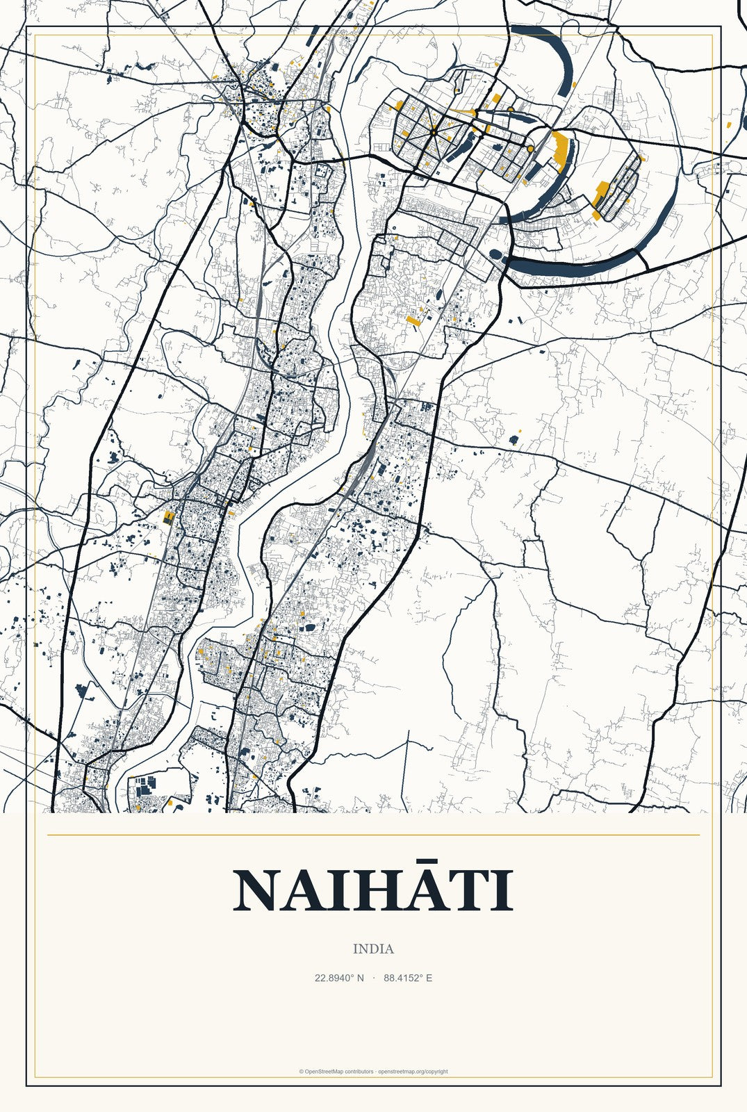 Naihāti, India City Map Aluminum Sign in Citrine Modern style