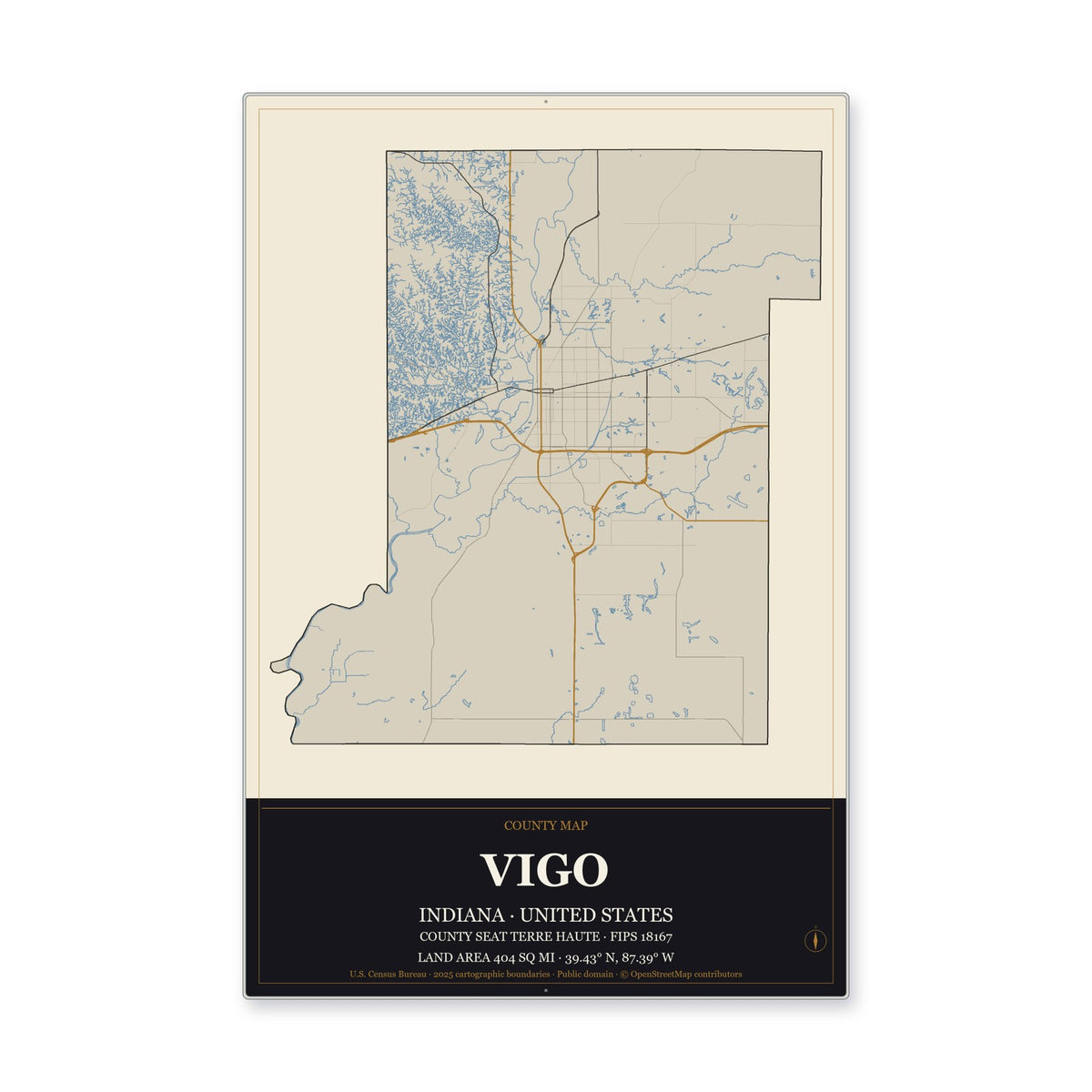 Vigo County, Indiana Map Aluminum Sign in Museum Plaque style