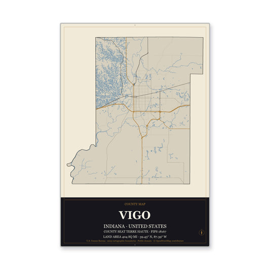 Vigo County, Indiana Map Aluminum Sign in Museum Plaque style