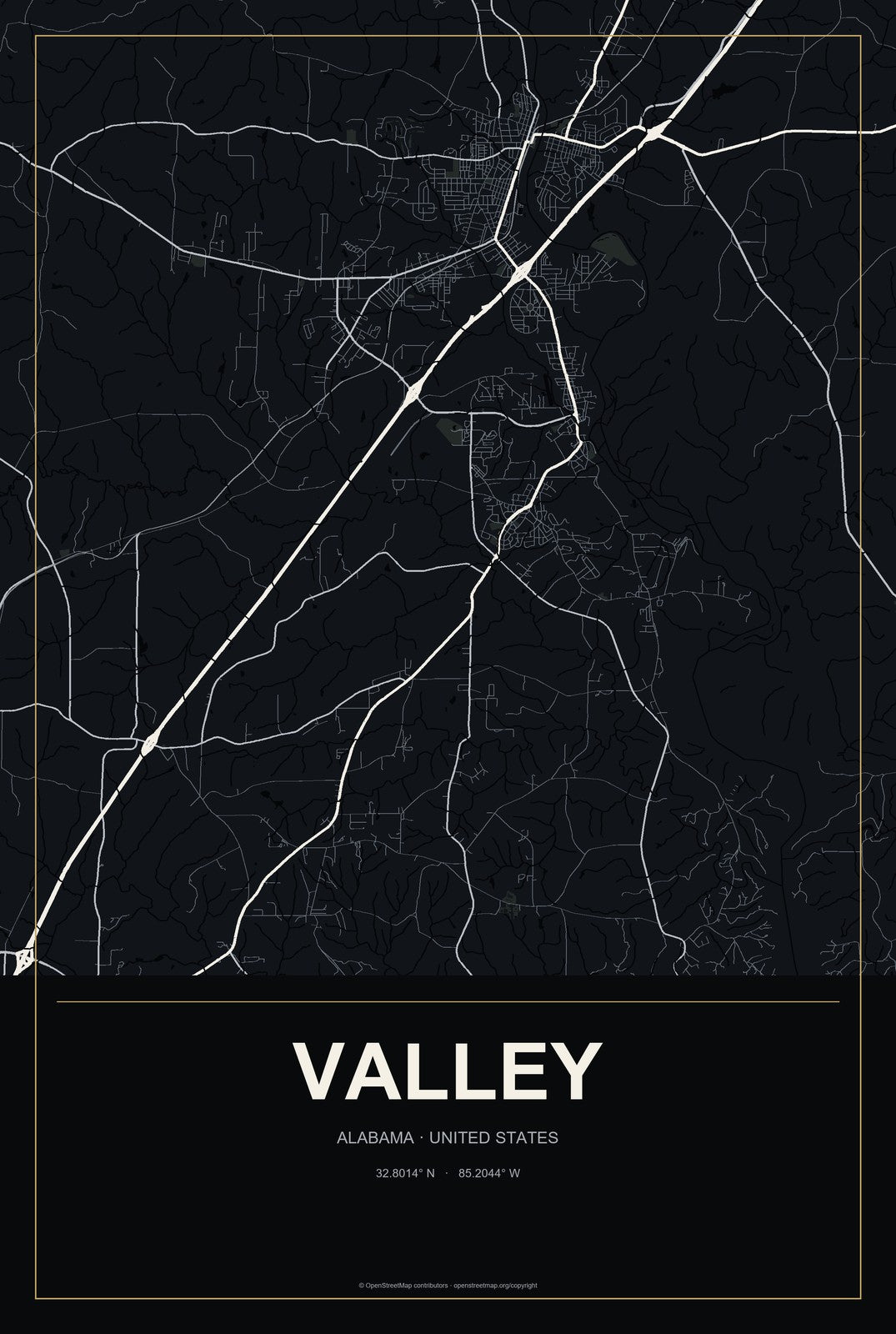 Valley, Alabama City Map Aluminum Sign in Metropolitan Noir style