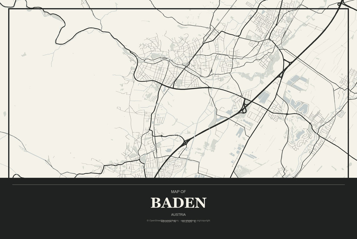 Baden, Austria City Map Aluminum Sign in Museum Plaque style