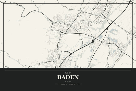 Baden, Austria City Map Aluminum Sign in Museum Plaque style