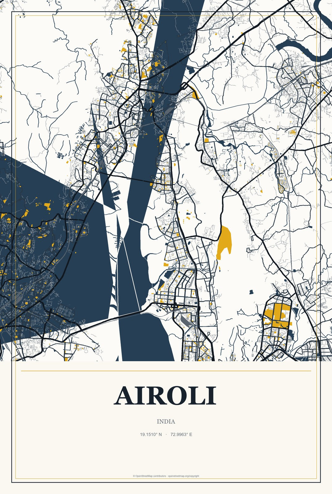 Airoli, India City Map Aluminum Sign in Citrine Modern style