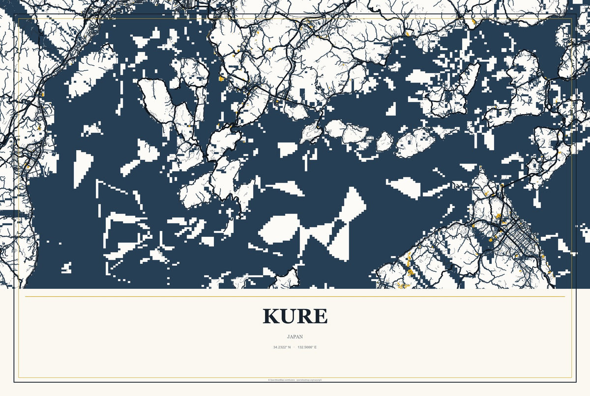 Kure, Japan City Map Aluminum Sign in Citrine Modern style