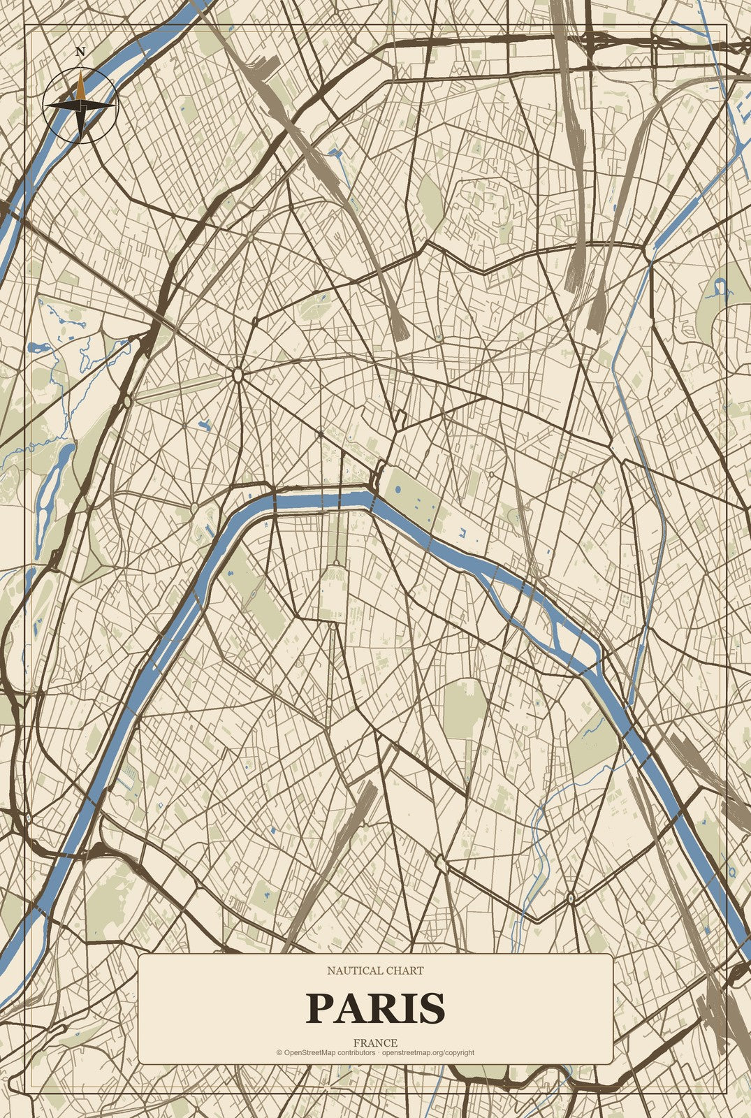 Paris, France City Map Aluminum Sign in Heritage Nautical style