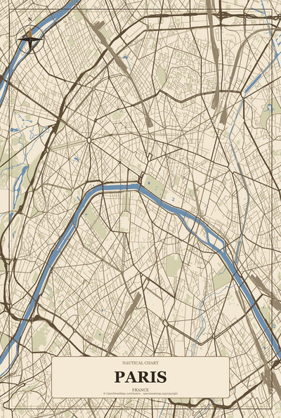 Paris, France City Map Aluminum Sign in Heritage Nautical style
