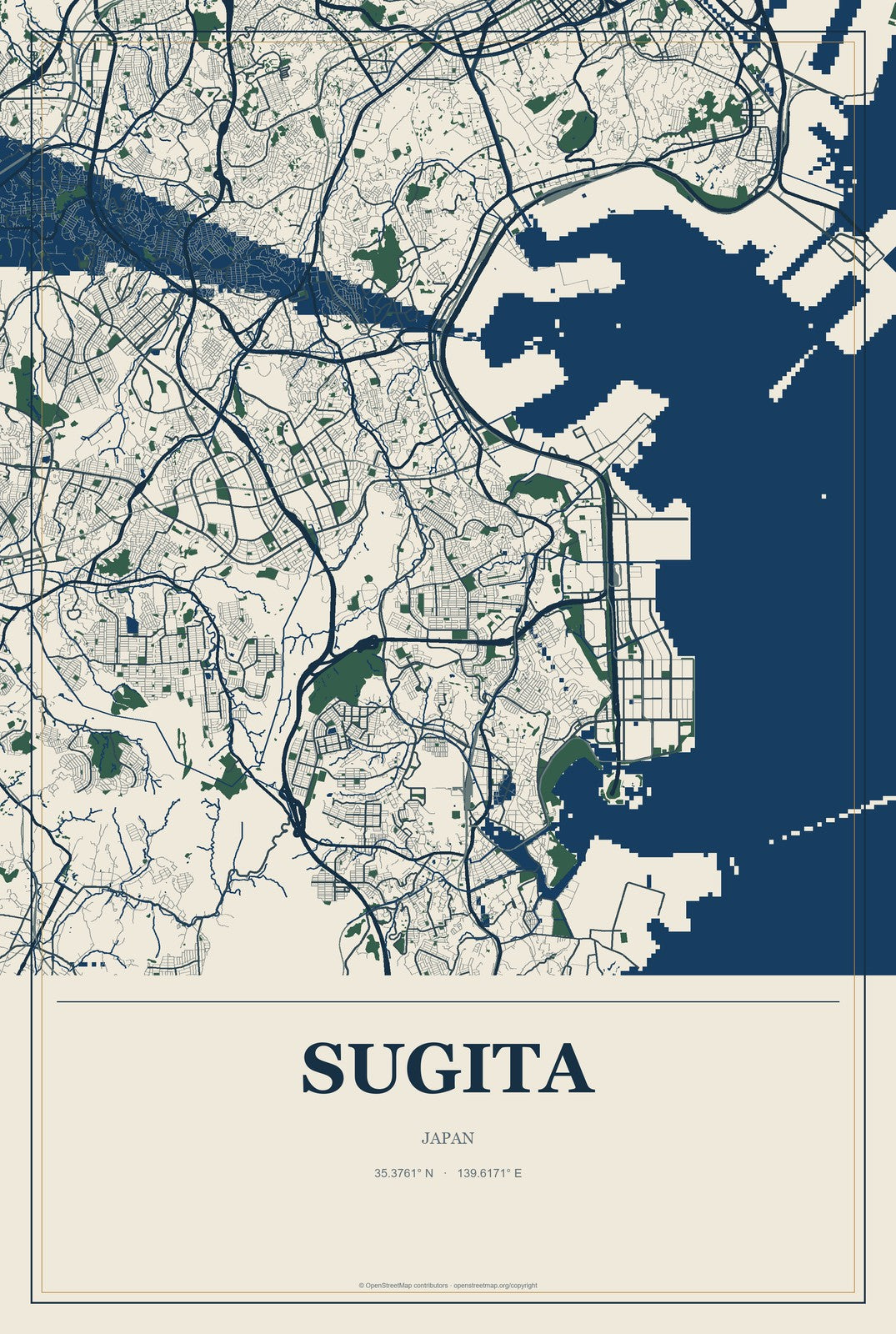 Sugita, Japan City Map Aluminum Sign in Coastal Cutout style