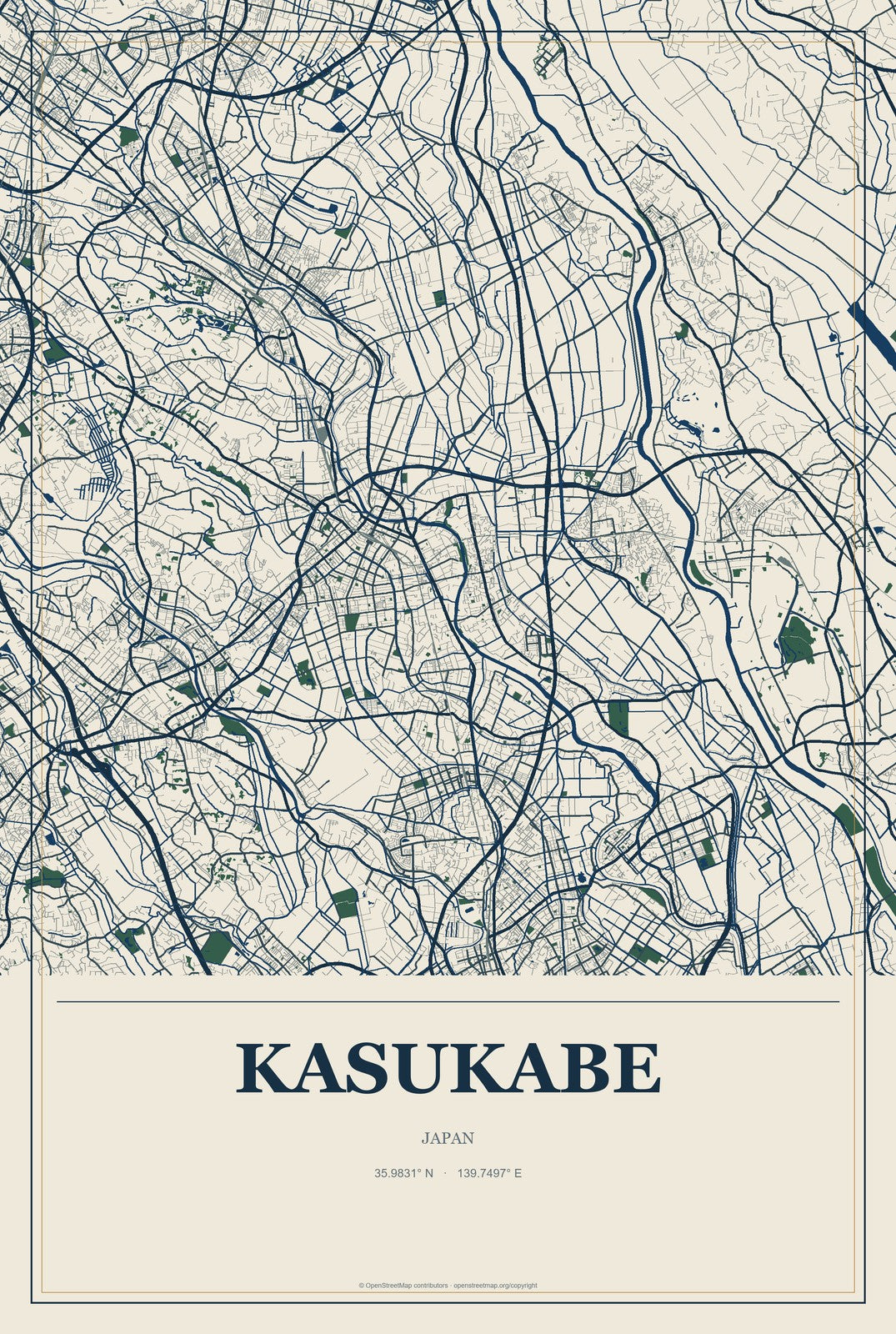 Kasukabe, Japan City Map Aluminum Sign in Coastal Cutout style