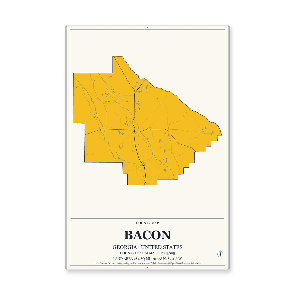 Bacon County, Georgia Map Aluminum Sign in Citrine Modern style