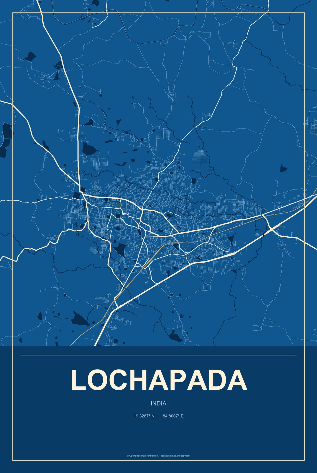 Lochapada, India City Map Aluminum Sign in Harbor Cobalt style