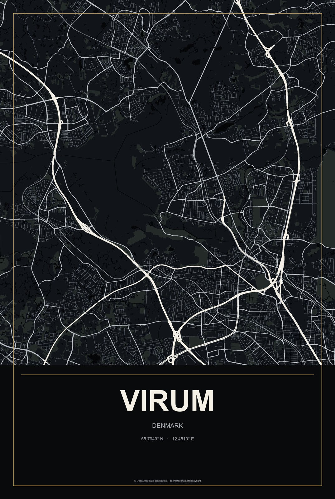 Virum, Denmark City Map Aluminum Sign in Metropolitan Noir style