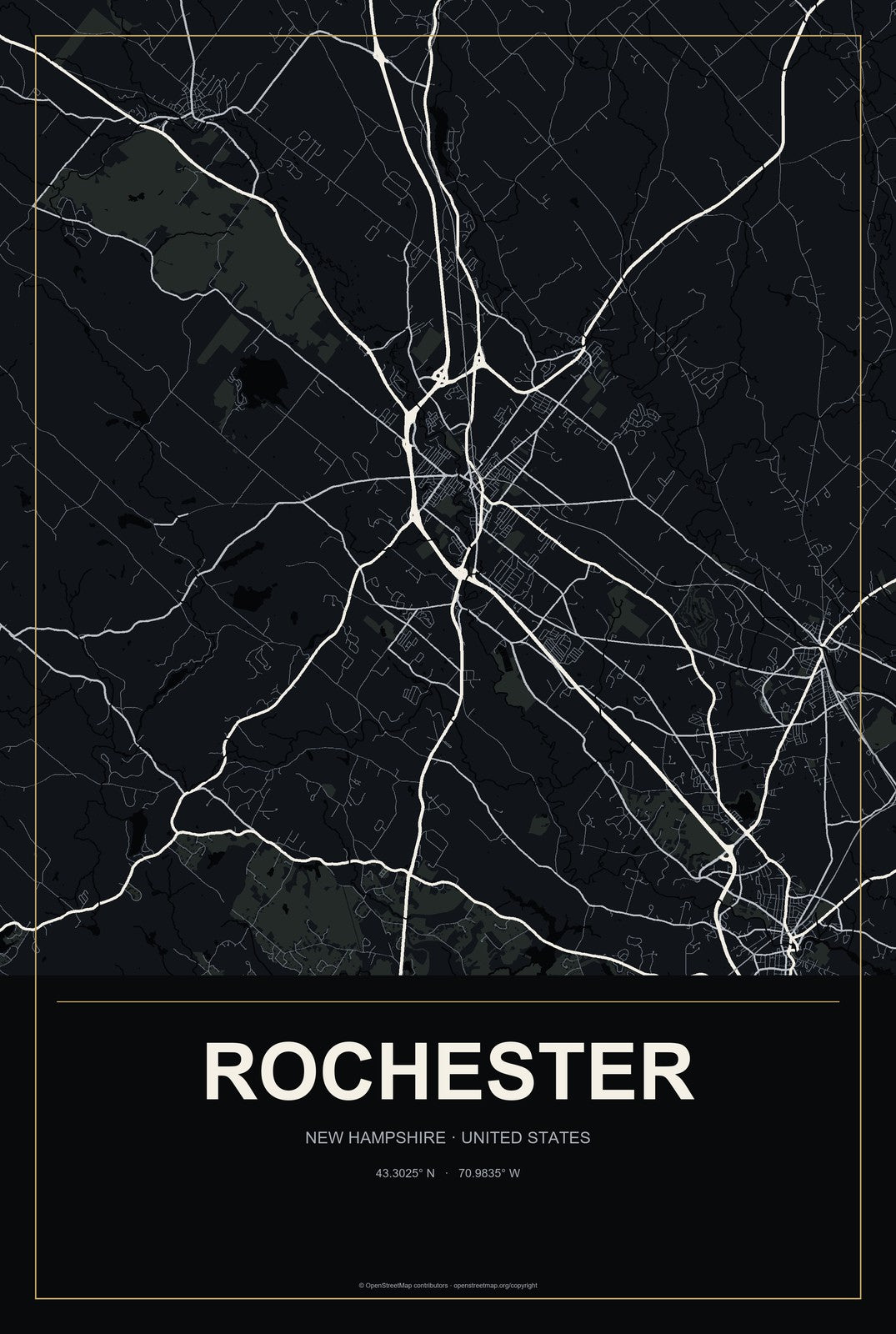 Rochester, New Hampshire City Map Aluminum Sign in Metropolitan Noir style