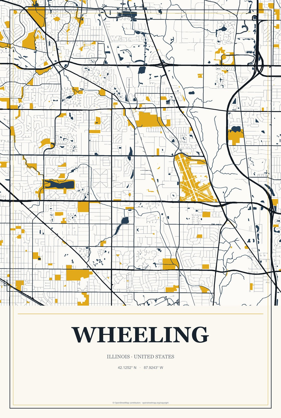 Wheeling, Illinois City Map Aluminum Sign in Citrine Modern style