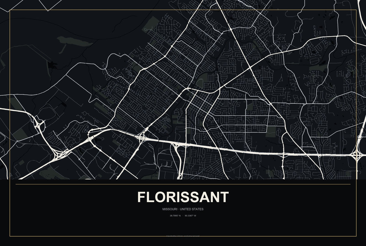 Florissant, Missouri City Map Aluminum Sign in Metropolitan Noir style